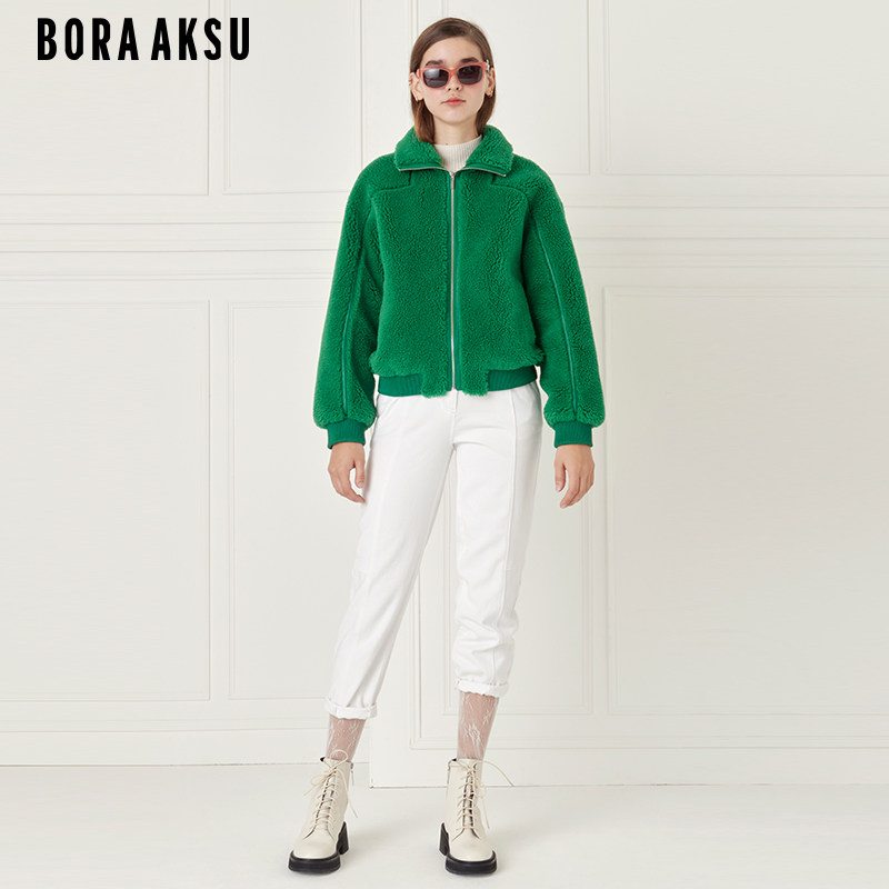 BORAAKSU羊剪毛宝石绿色翻领拉链短款夹克外套B1CIW90070