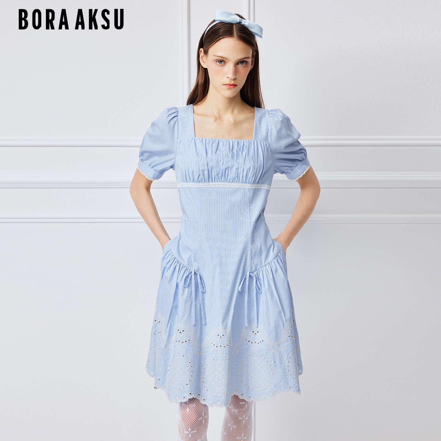 BORAAKSU2026夏季新品细条纹方领蝴蝶结法式优雅连衣裙B1GCW61760 - 实物图