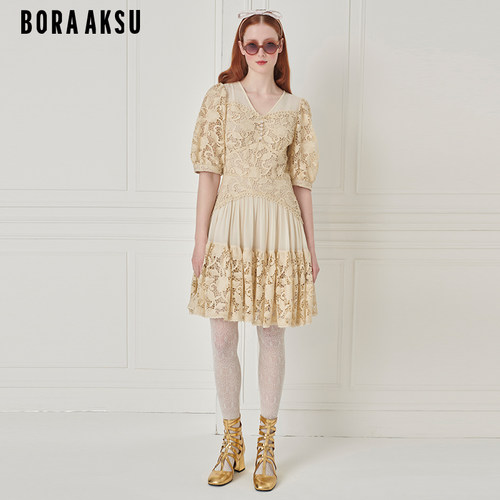 BORAAKSUV领奶油杏蕾丝裙