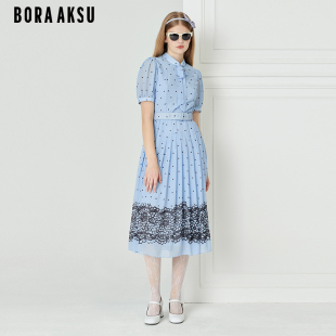 波点腰带连衣裙B1DCW62850 复古泡泡袖 BORAAKSU2023初夏新品 法式