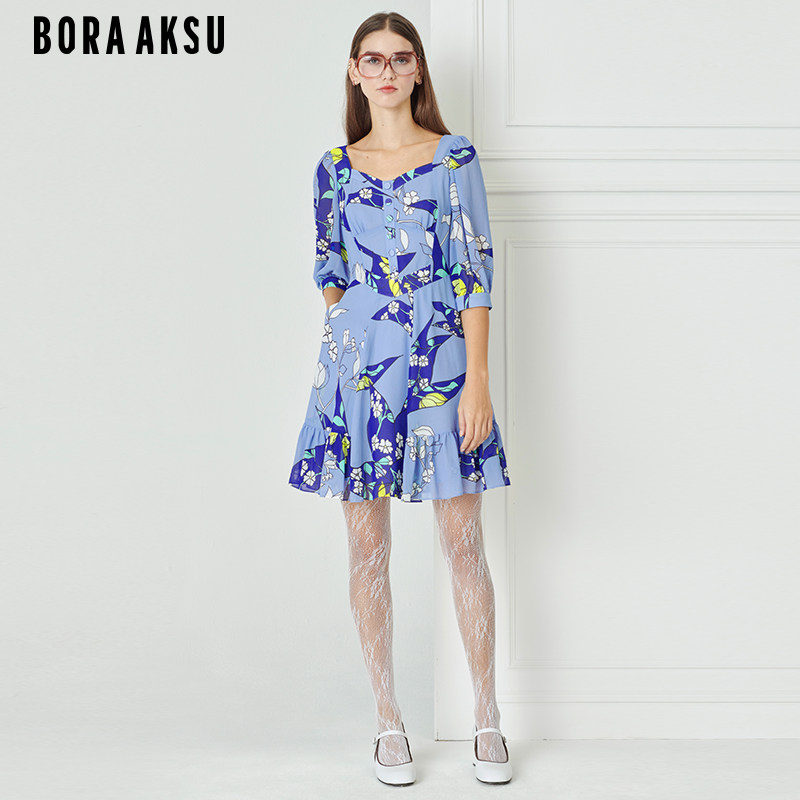 BORAAKSU钻石领泡泡袖印花连衣裙