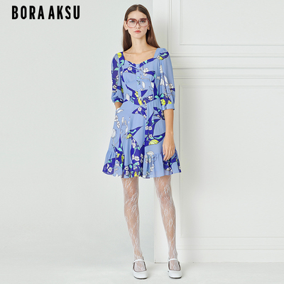 BORAAKSU钻石领泡泡袖印花连衣裙