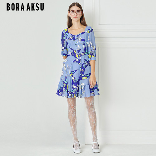 BORAAKSU钻石领泡泡袖印花连衣裙