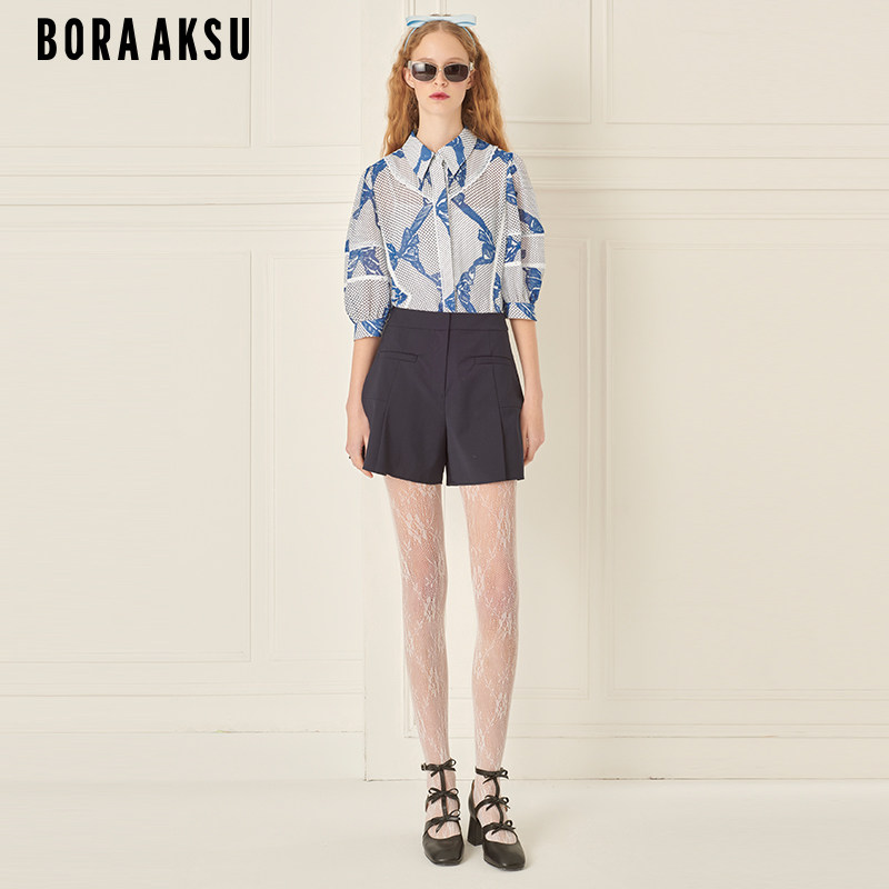 BORAAKSU2024初夏新品法式泡泡袖花边缀饰蝴蝶结印花七分袖衬衫