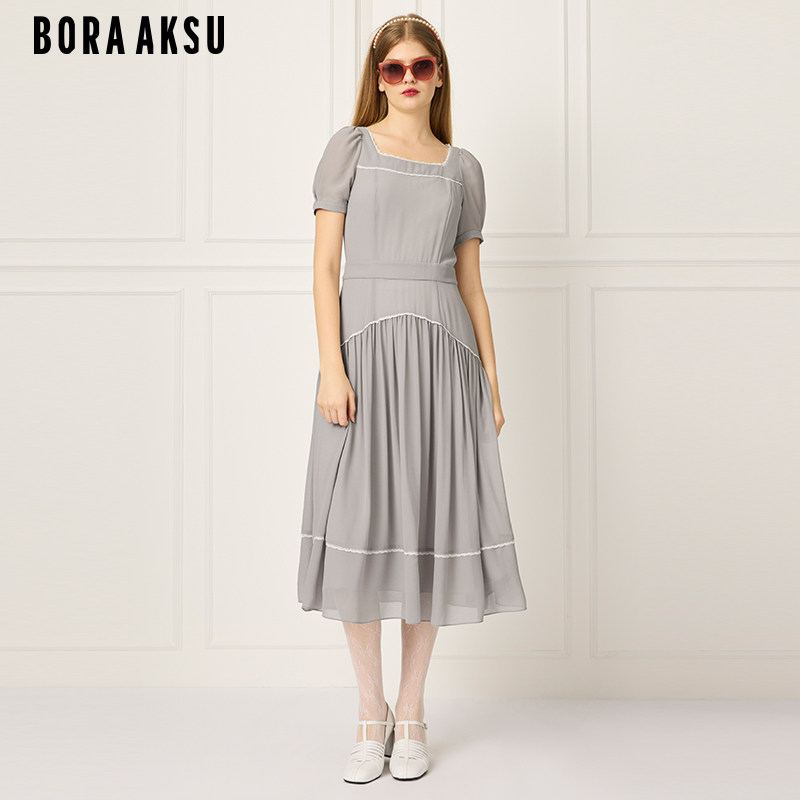 BORAAKSU2025初夏新品法式泡泡袖钻石领收腰褶裥连衣裙B1FCW63690