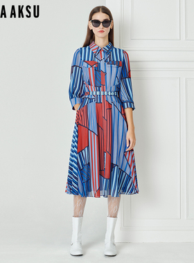 BORAAKSU2023早春新款泡泡袖红蓝条纹印花衬衫式连衣裙B1DAW61050
