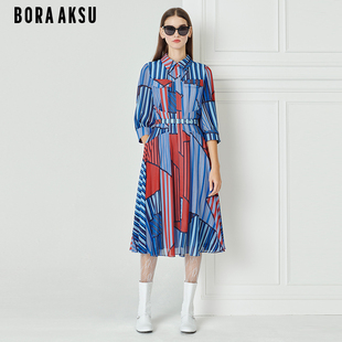 BORAAKSU2023早春新款 红蓝条纹印花衬衫 式 连衣裙B1DAW61050 泡泡袖