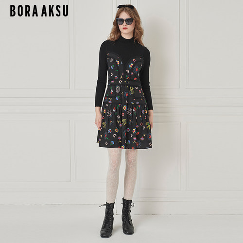 BORAAKSU收腰褶裥印花连衣裙