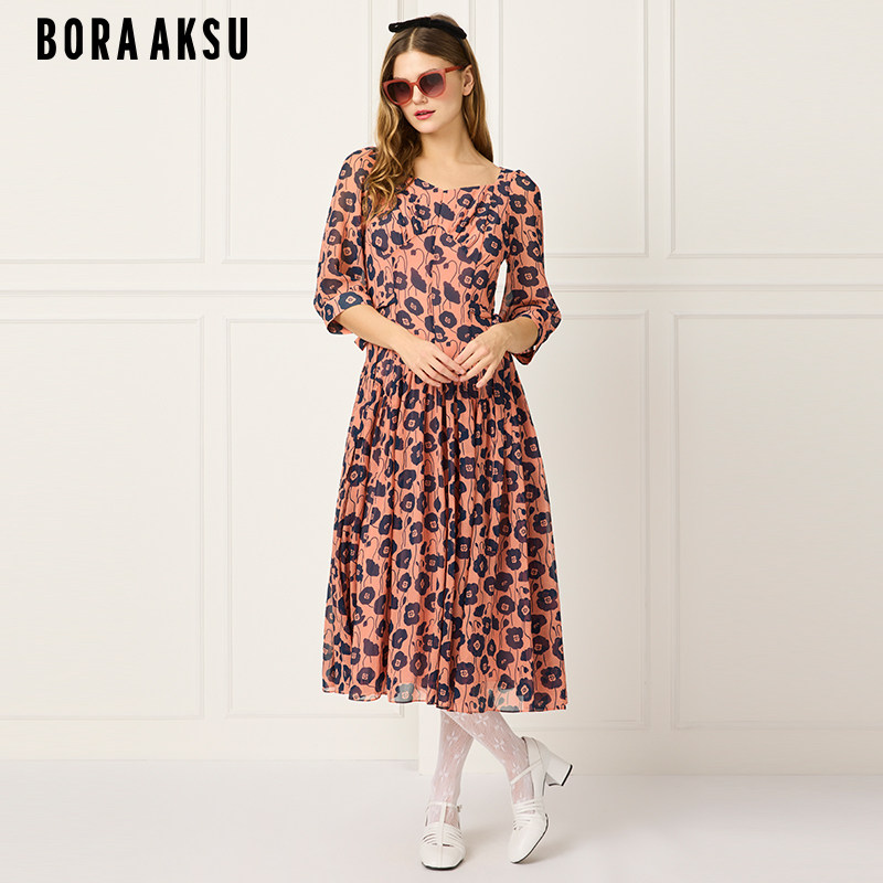 BORAAKSU2025早春新品法式泡泡袖钻石领橘红印花连衣裙B1FBW61780