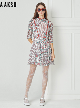 BORAAKSU2023早春新品甜美立领泡泡袖佩斯利印花连衣裙B1DAW61040