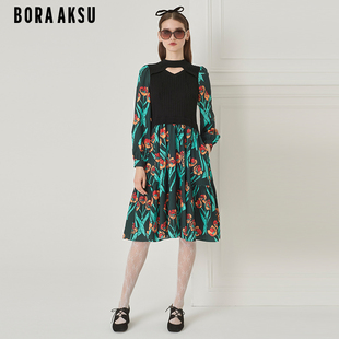 BORAAKSU2023秋季 复古镂空小高领针梭配印花连衣裙B1DHW62731 新品