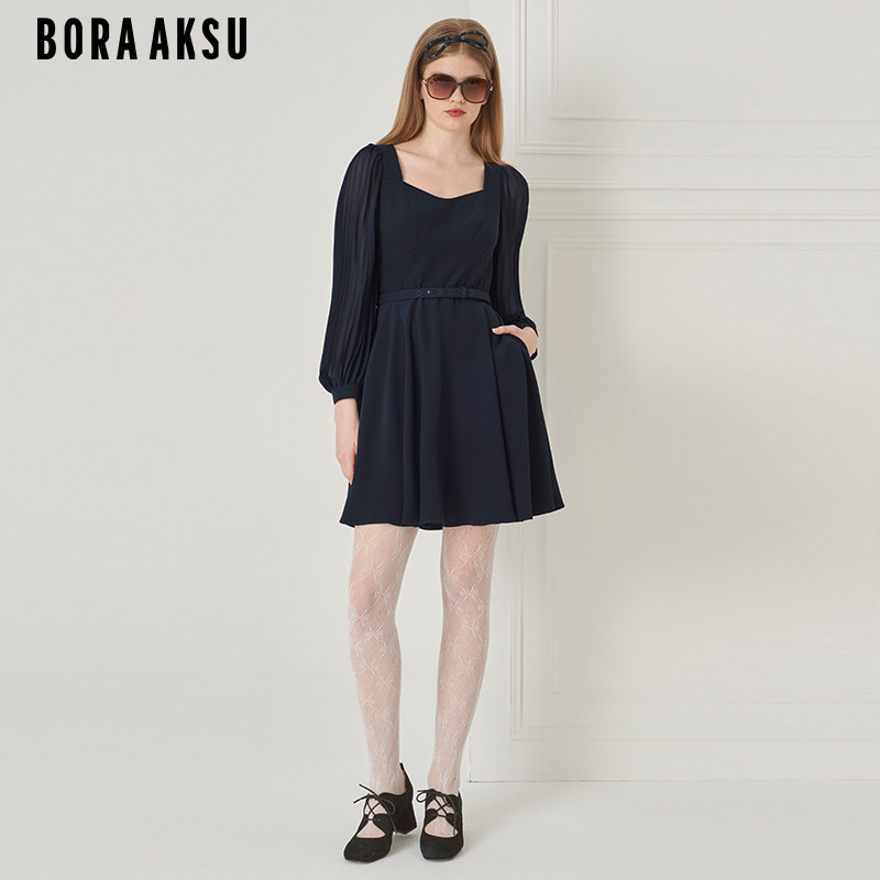 BORAAKSU2023夏季新品气质钻石领泡泡袖压褶拼接连衣裙B1DFW61500