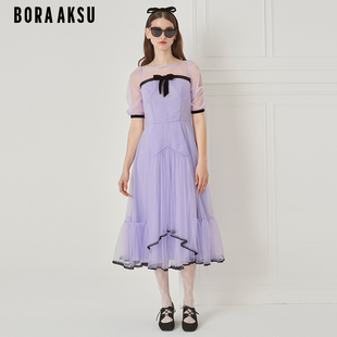 宫廷泡泡袖 圆领网纱鸢尾紫礼服裙B1DFW68120 新品 BORAAKSU2023夏季