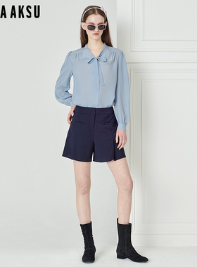 BORAAKSU2023早春新品真丝桑蚕丝泡泡袖系带领雾蓝衬衫B1DBW20350