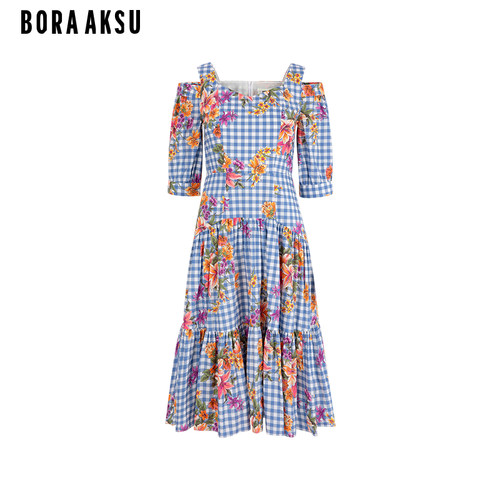 BORAAKSU格纹荷叶边印花连衣裙