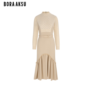 BORAAKSU2024秋季 针织挑孔肌理精纺羊毛鱼尾连衣裙B1EGW63230 新品