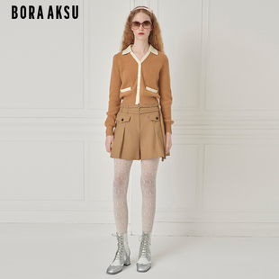 复古简约撞色V领羊毛针织开衫 B1EGW08450 新品 BORAAKSU2024秋季