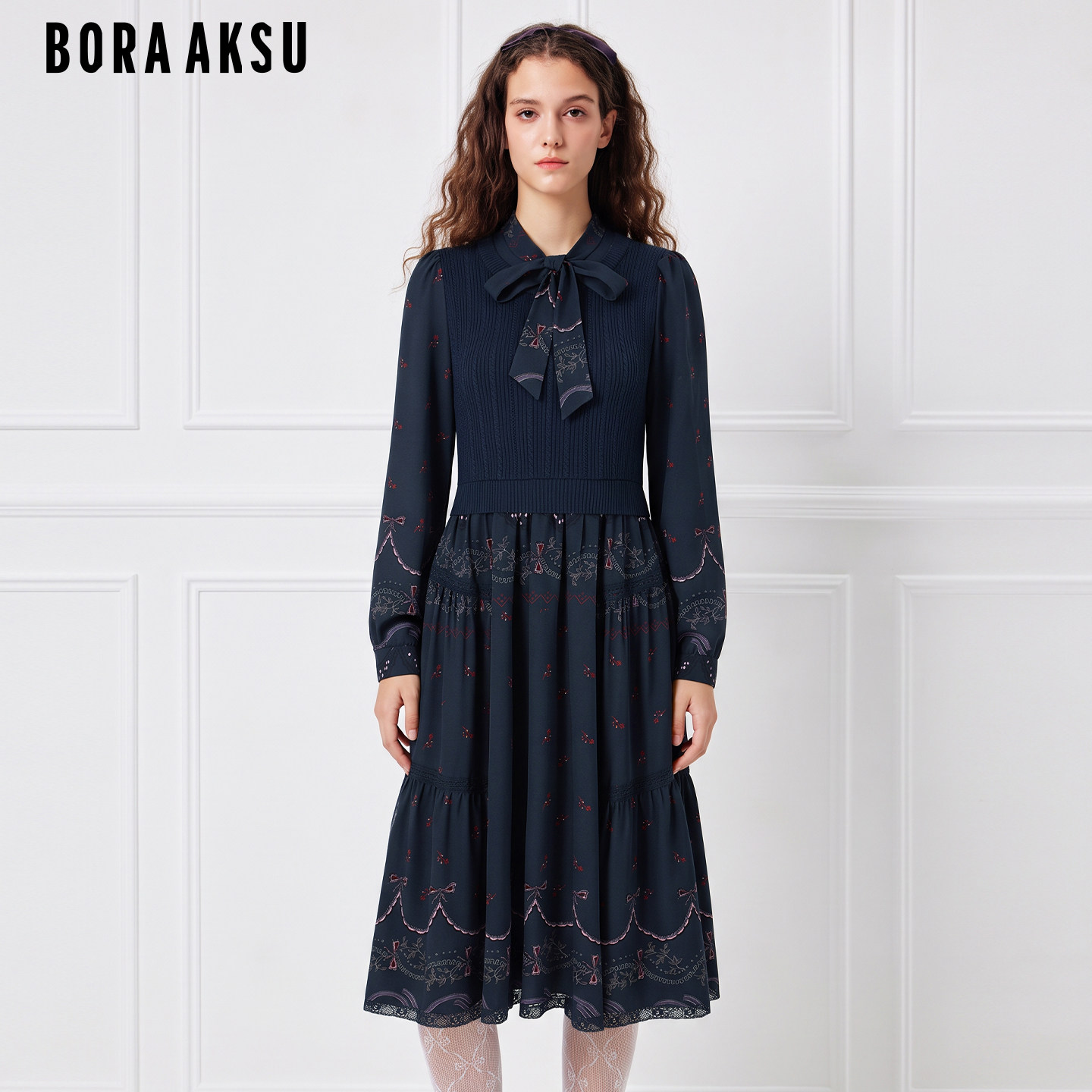 BORAAKSU2026新品藏蓝底粉色花卉花纹针织背心式连衣裙B1GGW62050