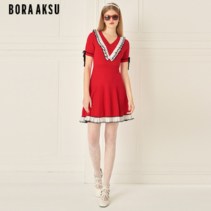 BORAAKSU2024初夏新品拼色V领装饰荷叶边针织连衣裙B1ECW04620