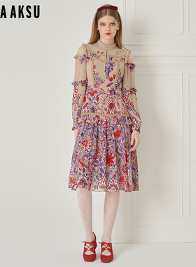 BORAAKSU秋季法式甜美立领泡泡袖印花连衣裙B1DHW62750