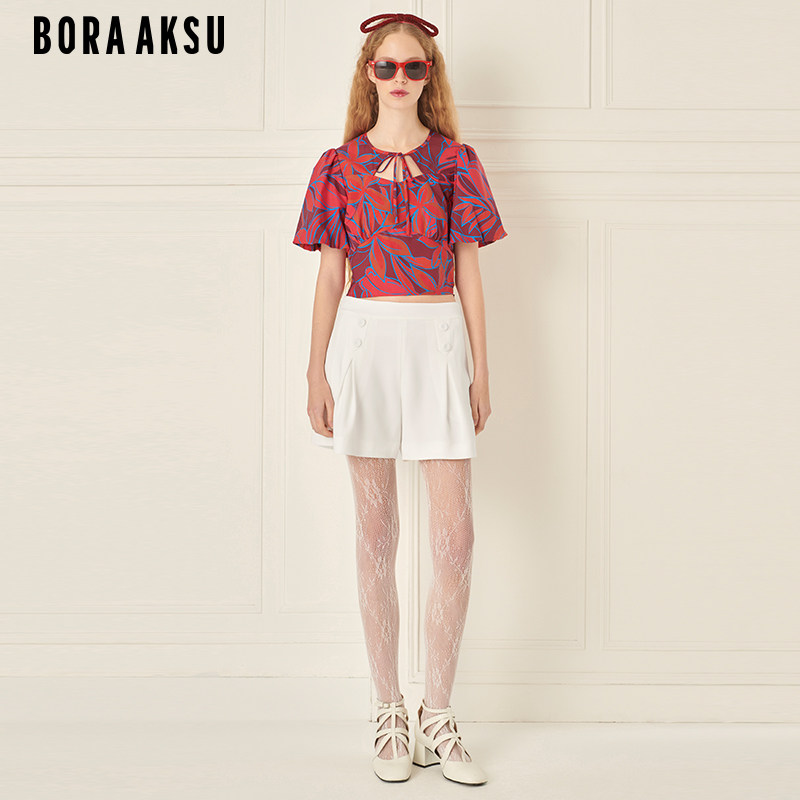 BORAAKSU2024初夏新品蝴蝶结系带圆领灯笼袖印花上衣B1ECW26120