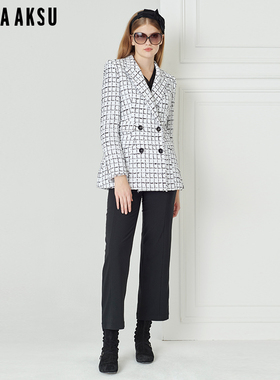 BORAAKSU2023早春新经典黑白格纹粗花呢双排扣西服外套B1DBW10140