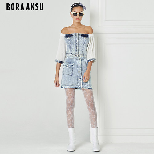 BORAAKSU一字肩拼接设计牛仔上衣