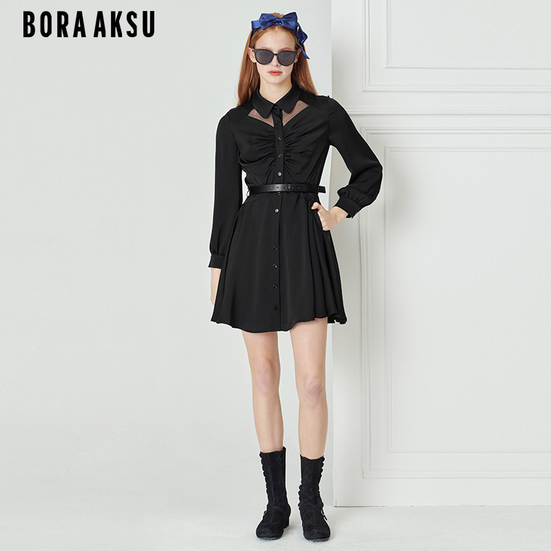 BORAAKSU2023早春新气质褶裥坠感醋纤衬衫式收腰连衣裙B1DBW63290
