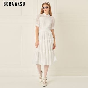 甜美纯白花边泡泡袖 褶裥连衣裙B1EDW63970 新品 BORAAKSU2024夏季
