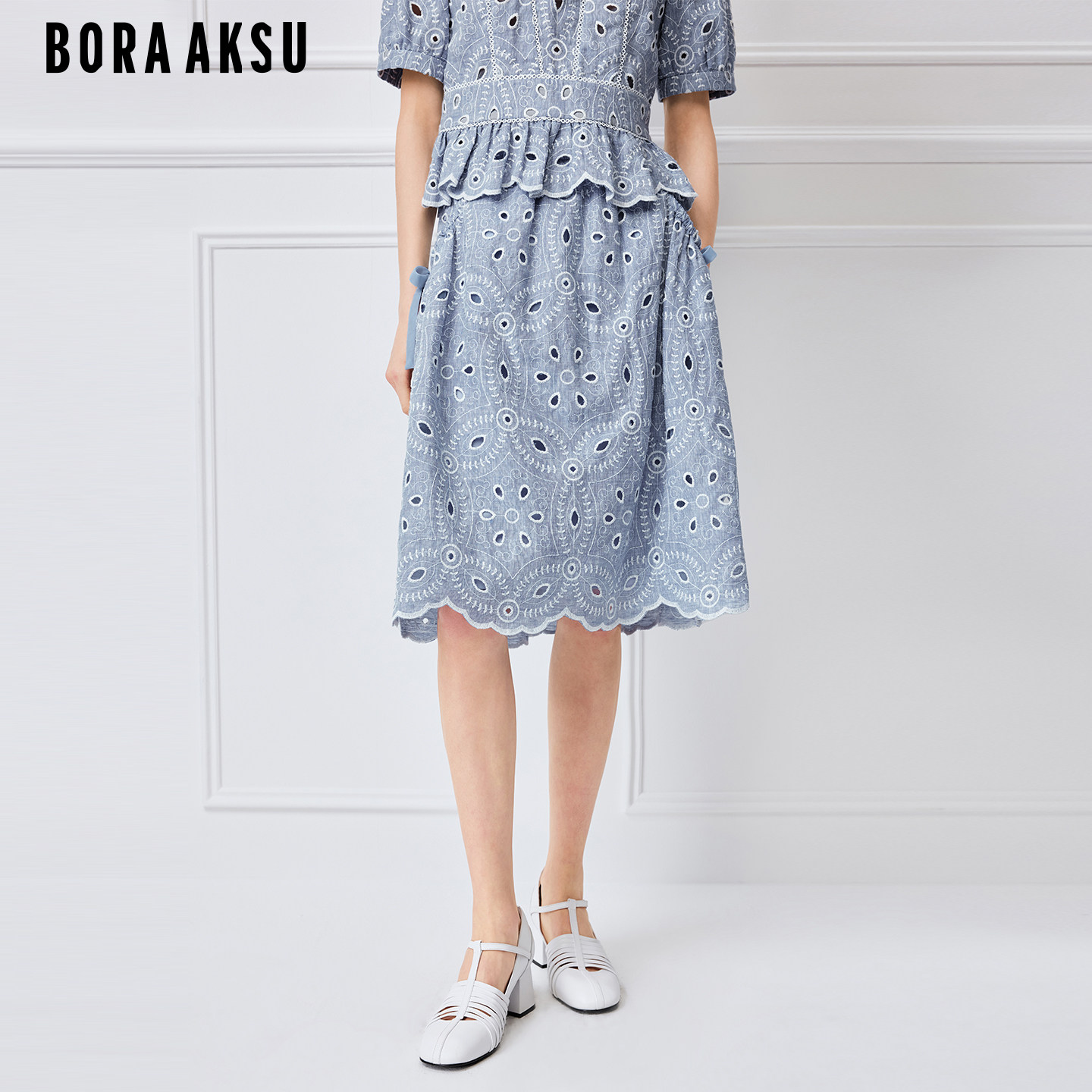 BORAAKSU2026初夏花卉刺绣波浪花边蝴蝶结A字半身裙B1GCW72290