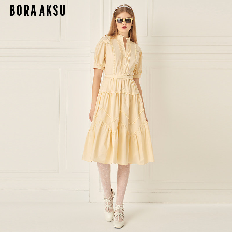 BORAAKSU2024夏季新品泡泡袖衬衫式花边缀饰褶裥连衣裙B1ECW63180