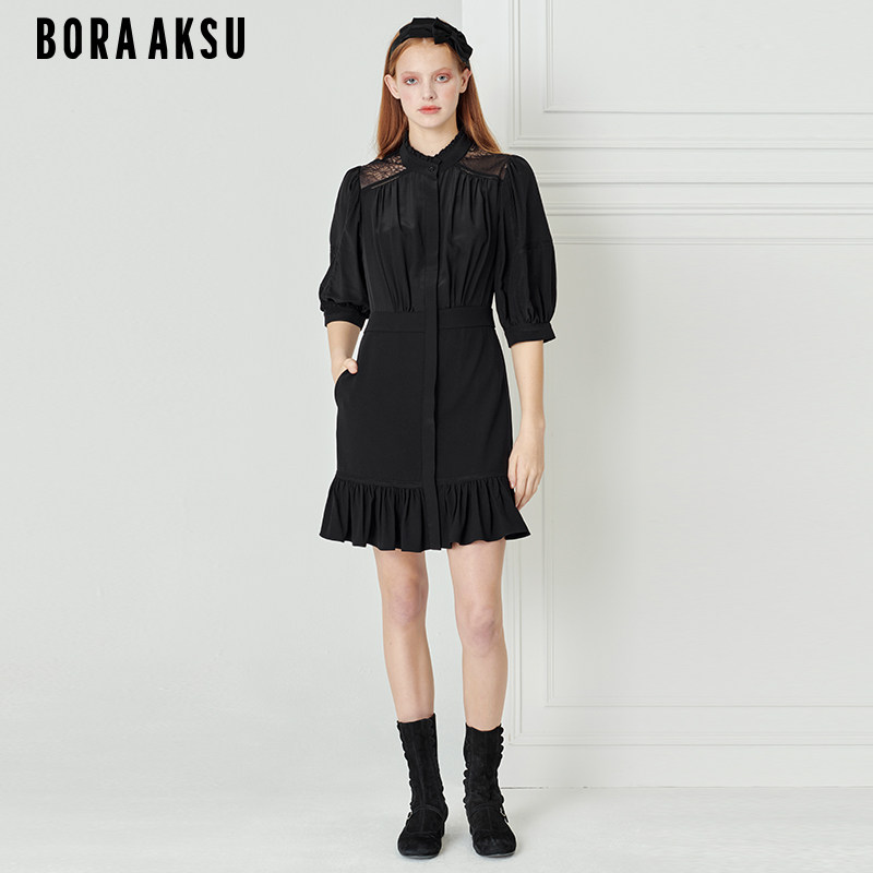 BORAAKSU2023夏季新真丝桑蚕丝泡泡袖衬衫连衣裙小黑裙B1DDW64250