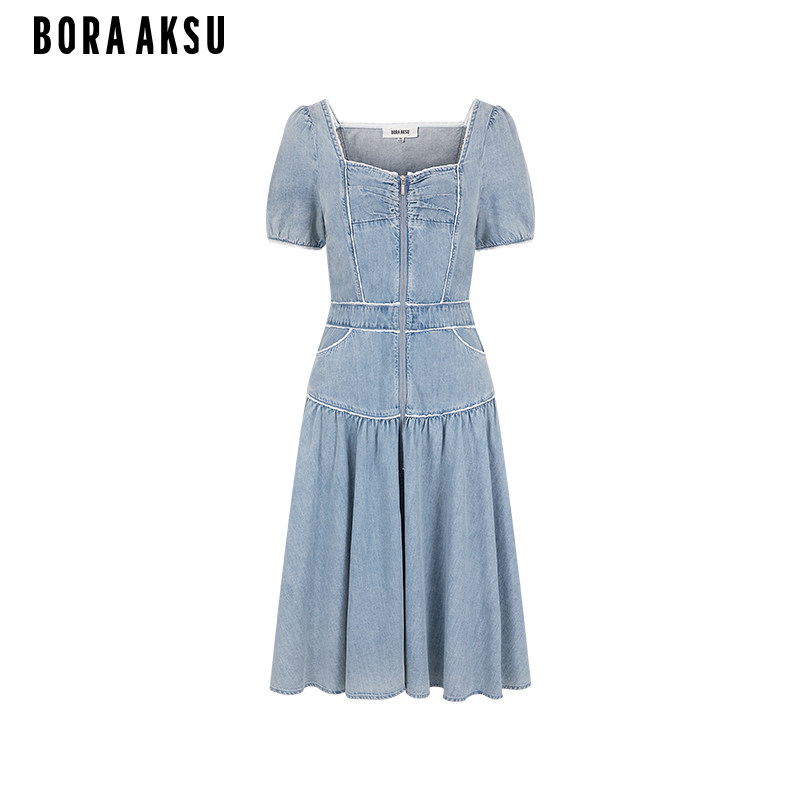 BORAAKSU2024夏季新品复古钻石领泡泡袖花边牛仔连衣裙B1ECW63760