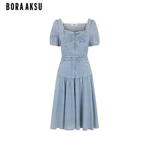 BORAAKSU2024夏季新品复古钻石领泡泡袖花边牛仔连衣裙B1ECW63760