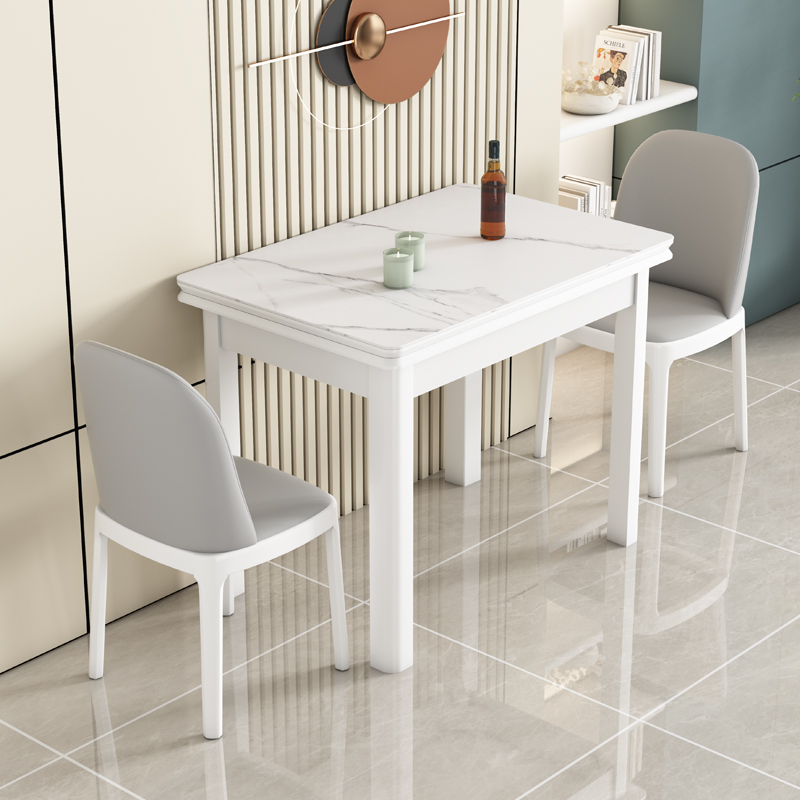 岩板伸缩折叠餐桌椅小户型奶油风