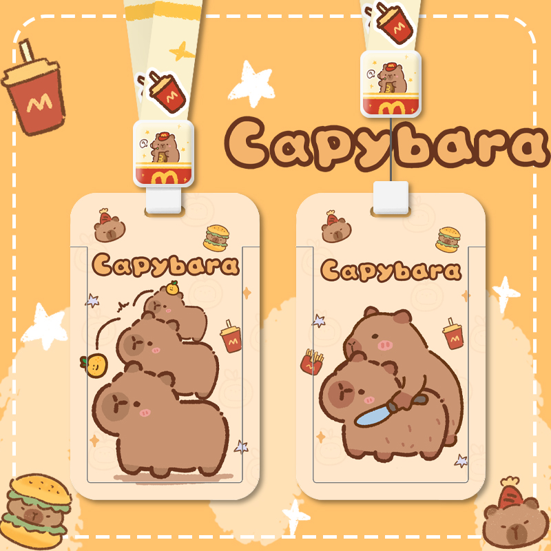 卡通卡皮巴拉水豚售货员学生校园卡套饭卡食堂地铁公交带挂绳挂脖伸缩绳羊城通市民卡一卡通幼儿园接送保护套