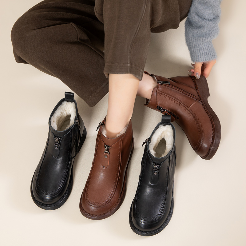 加绒保暖真皮妈妈鞋子