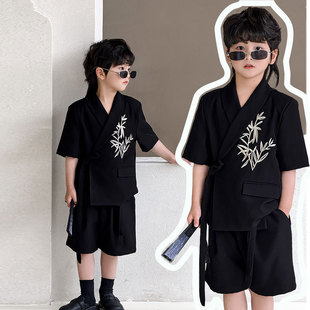 童装西装2025夏季新款儿童小西服短袖短裤竹叶绣花男童两件套刺绣