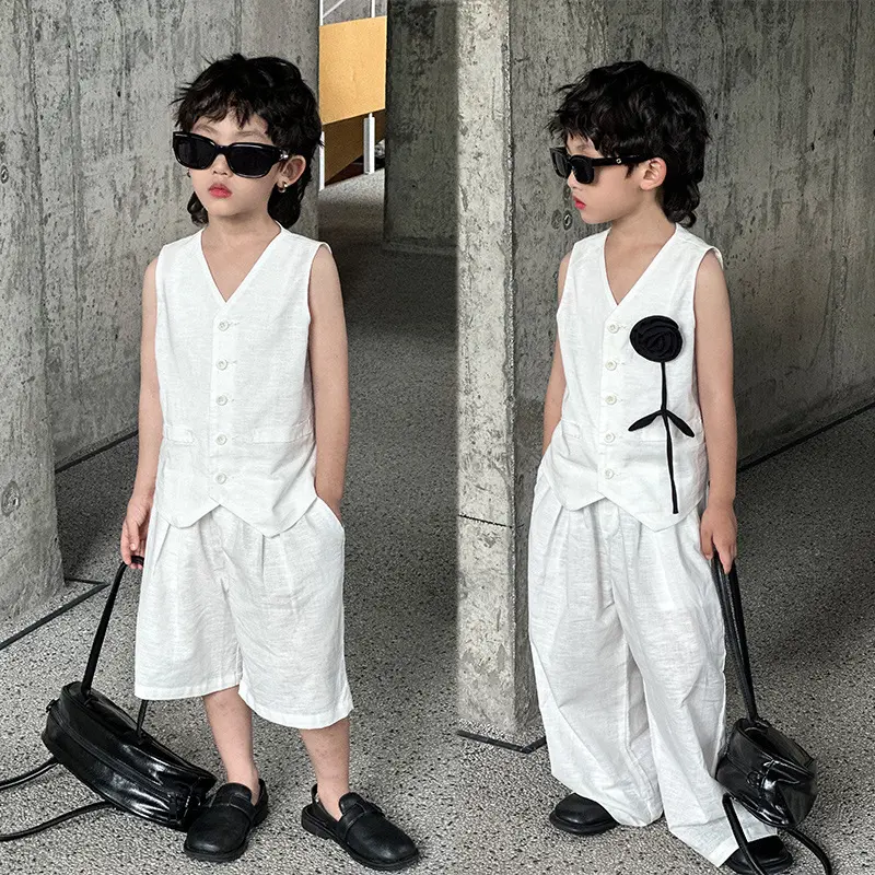 儿童白色马甲套装2025夏季新款背心裤子2件套男女童夏装薄款童装