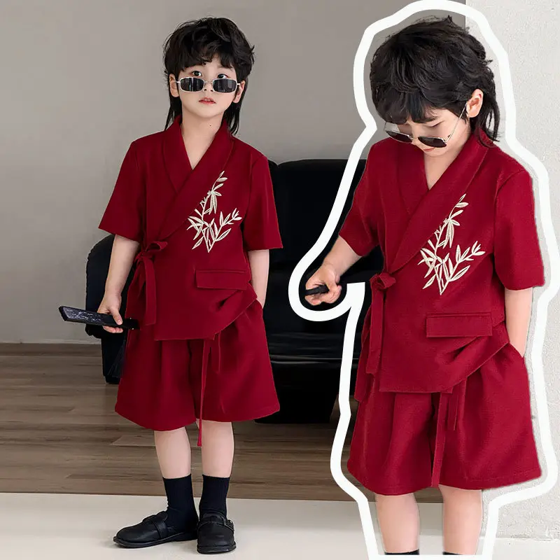 童装西装2025夏季新款儿童小西服竹叶绣花男童新中式国潮礼服套装
