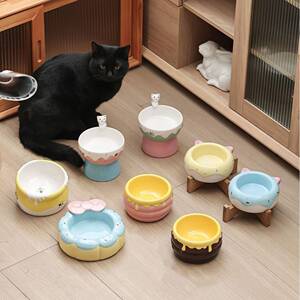 猫碗可爱动物系列陶瓷宠物喝水碗高脚护颈猫碗防黑下巴猫粮碗狗碗