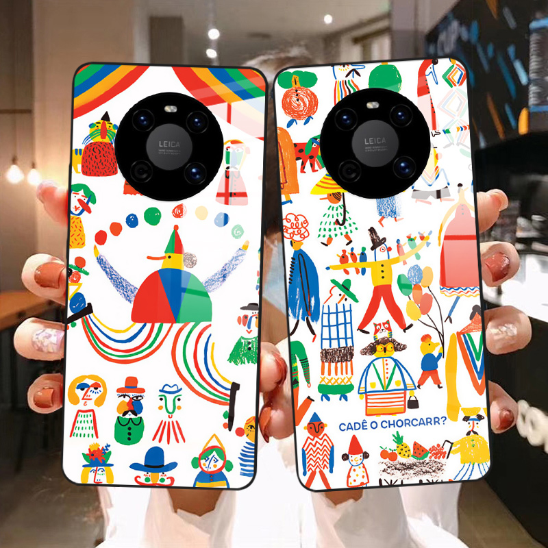 童趣小丑适用华为mate50 40 30 20 10 9 mate40pro手机壳欧美趣味艺术抽象插画卡通图像玻璃硬壳曲面屏高级感