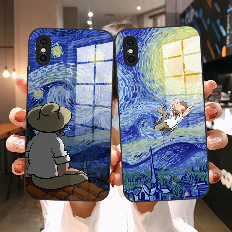 梵高星空适用iphone苹果X XR XS Xsmax手机壳6 6s 8 7plus se3欧美文艺术复古油画夜空佛系男女防摔玻璃壳8p