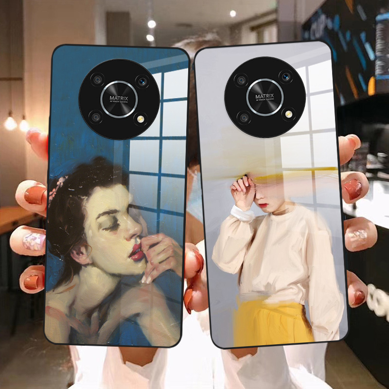 油画女孩适用于华为荣耀x30 30i x20 x10 9x 8x Magic3pro手机壳复古文艺个性玻璃保护壳全包镜头硬壳