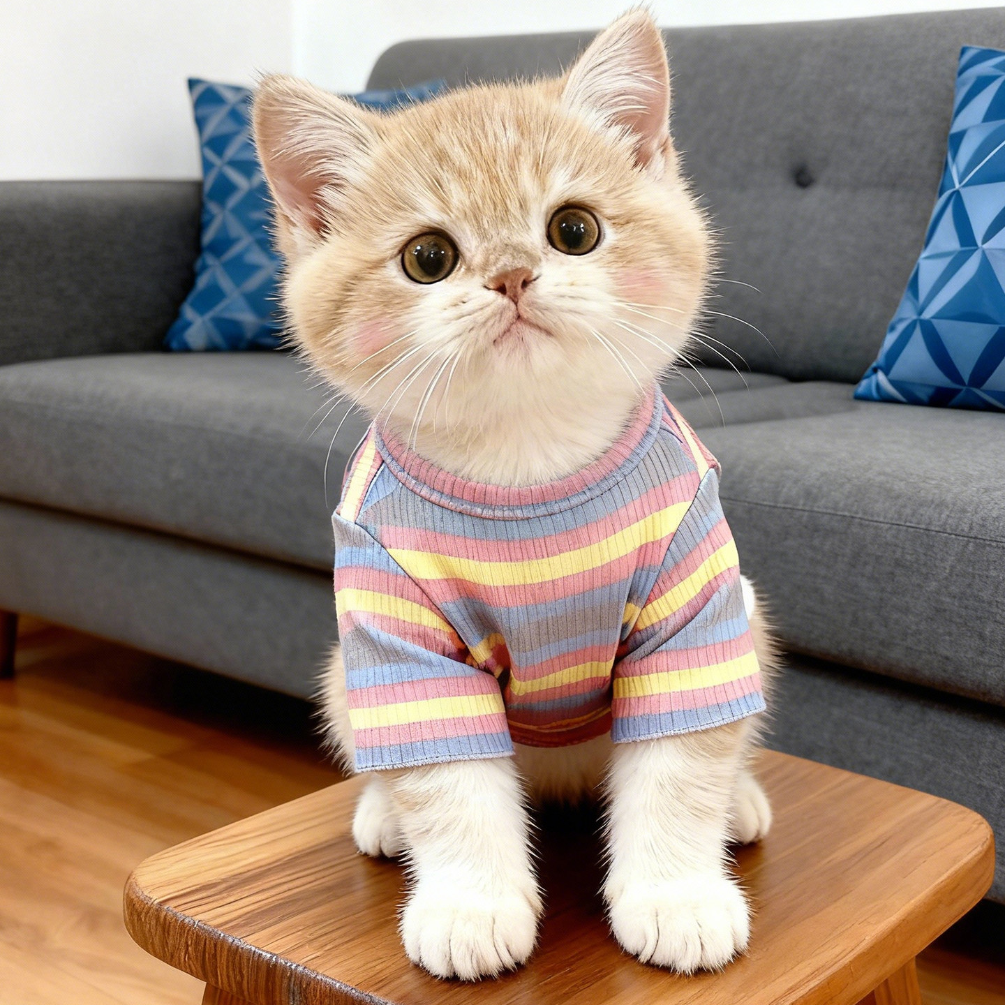 猫衣服冬季双层加厚保暖彩色条纹木耳边加绒衣服宠物服装狗狗衣服