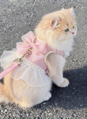 猫咪牵引绳防挣脱外出专用溜猫绳幼猫背心式可调节粉嫩蝴蝶结胸背