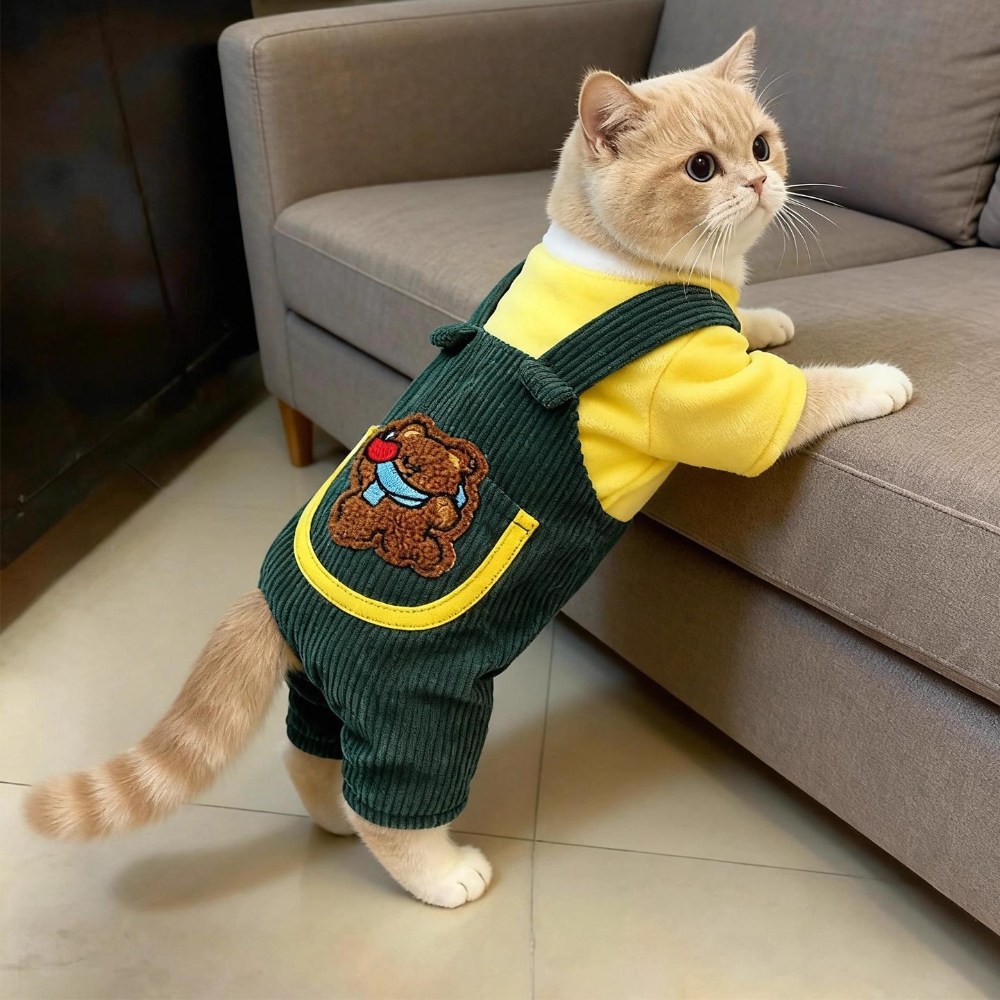 猫咪衣服秋冬款绿色背带宠物