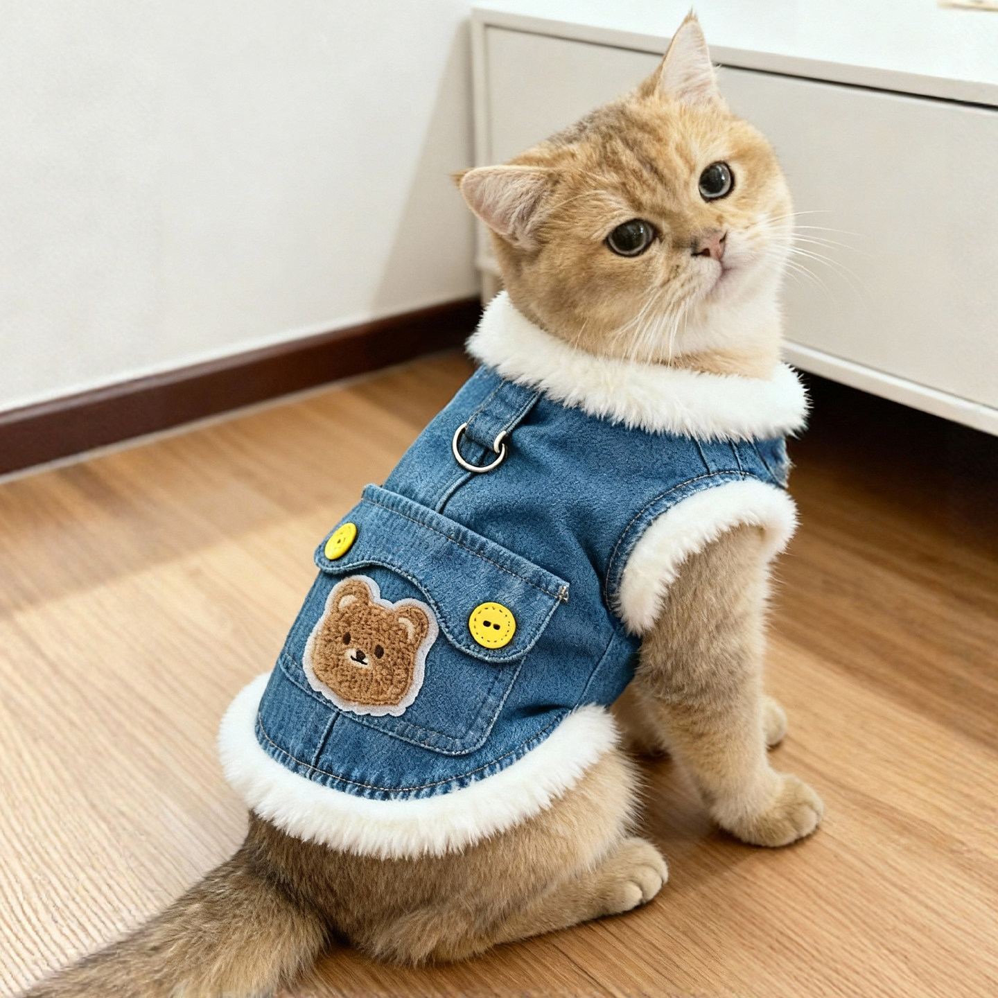 猫咪牛仔口袋背心冬季加绒加厚