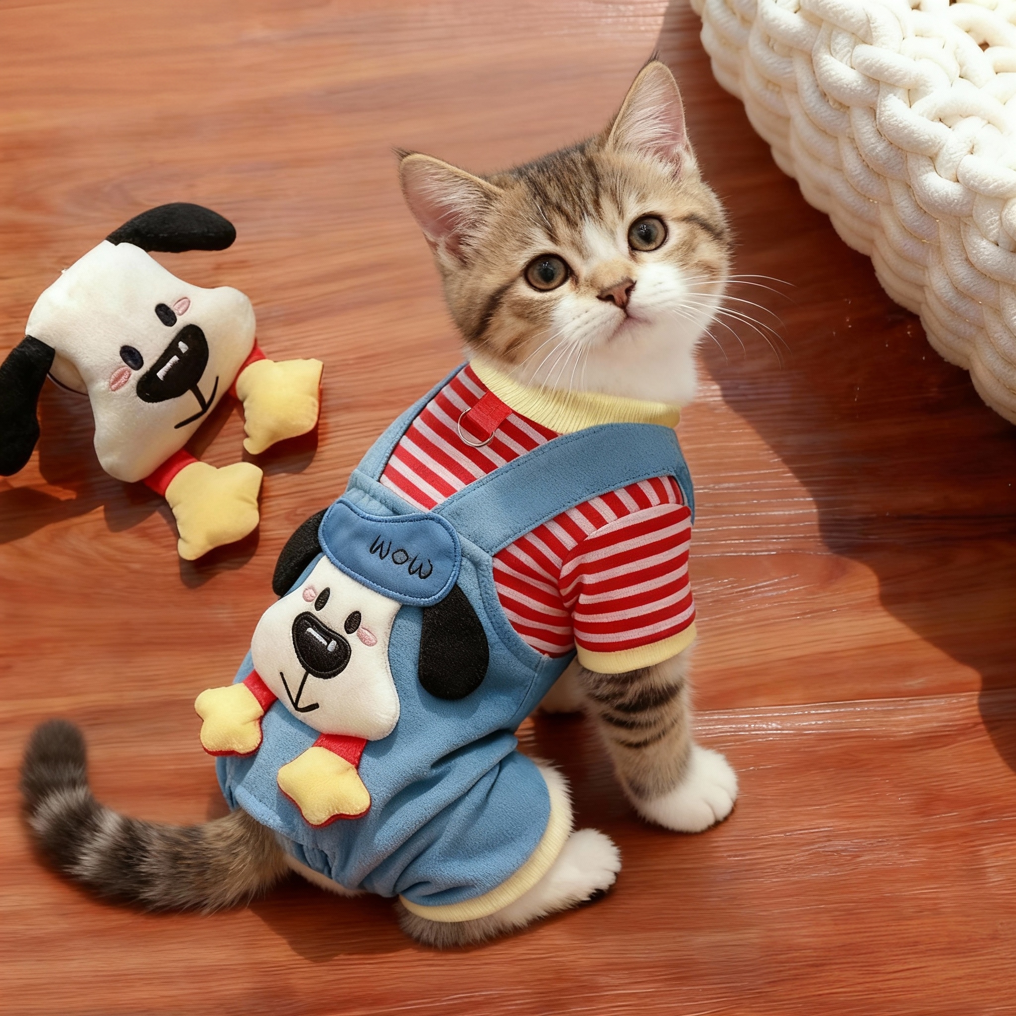 猫咪衣服卡通小狗条纹背带裤套装