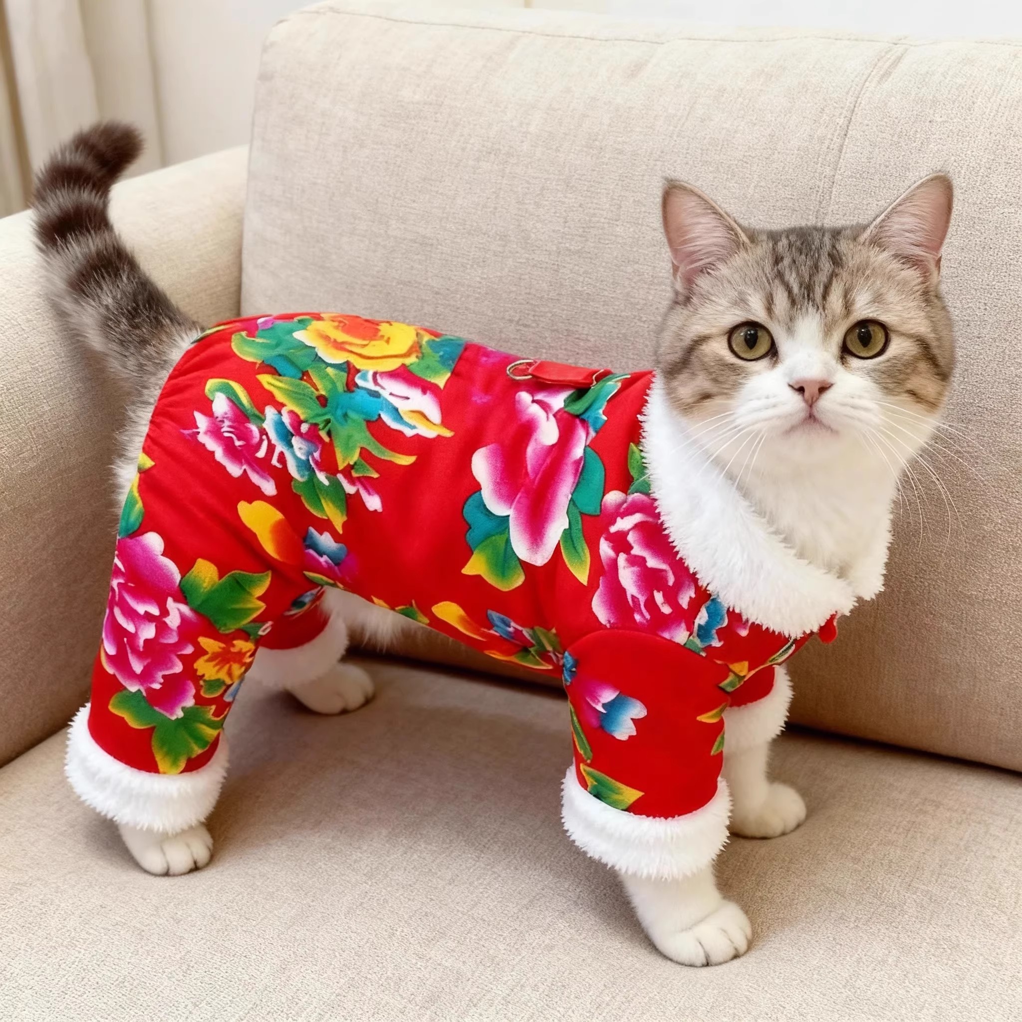 猫咪国潮风东北大红花冬季加绒